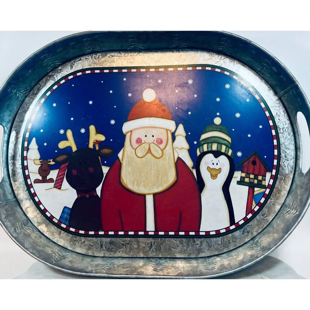Galvanized Metal Christmas Serving Tray Santa & Friends Design 2